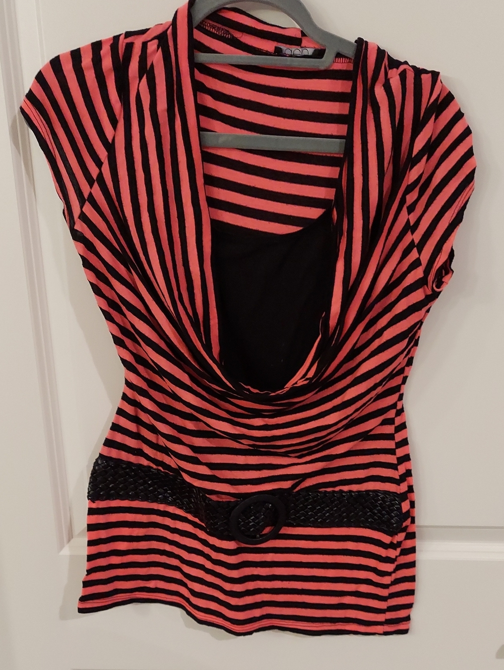 Coral and Black Striped Cowl Neck Top